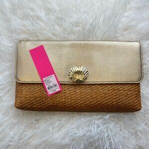 $158 New Lilly Pulitzer Cheyenne Clutch Gold Metallic Bag Leather Straw Seashell